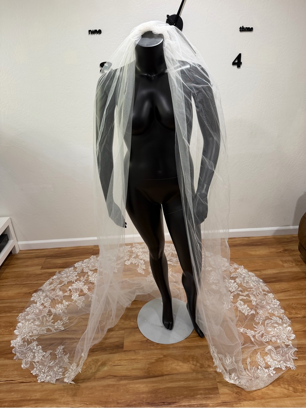 Ivory Cathedral Wedding Veil Floral Lace Rhinestone Bridal Veil